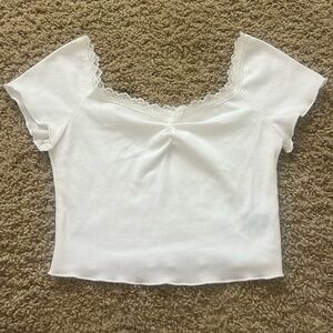 white lace trim v-neck and cinch crop top